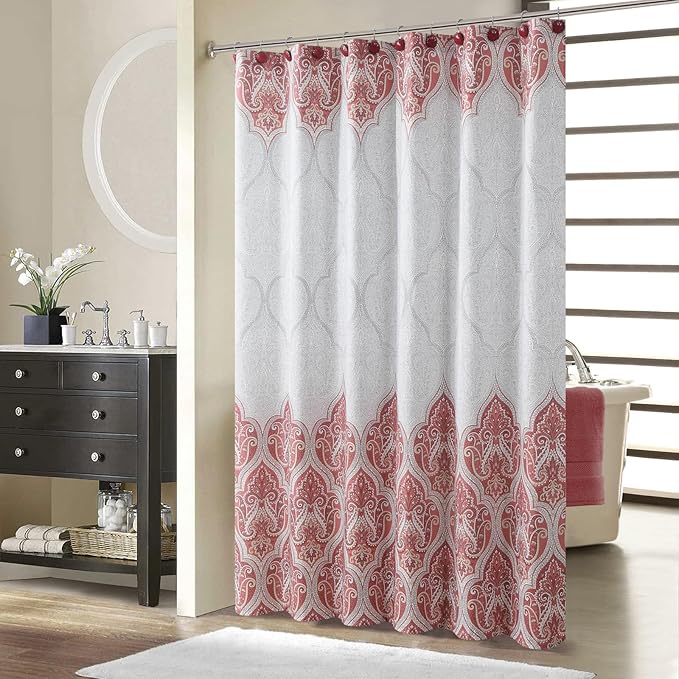 Extra Long Paisley Shower Curtain, Water Repellent Brushed Microfiber with Terracotta & Gray Bohemian Print, 12 Metal Grommets & Weighted Hem, 72x84 Inches