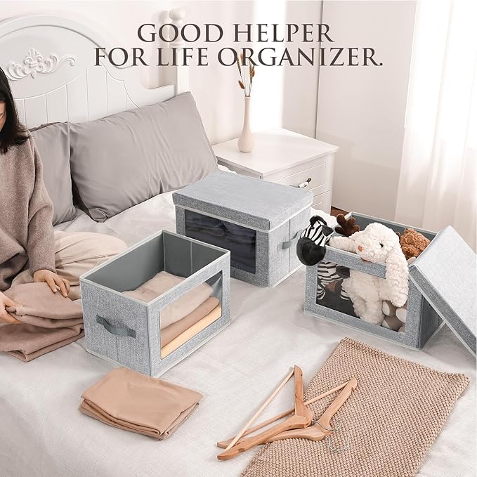 Storage Baskets with Lids, 4 Pack Large Box Organizer with Window, Fabric Storage Cubes Bins for Closet, Collapsible Organizer Bins for Bedroom, Living Room, Dorm, Blended