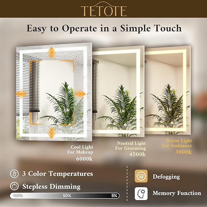 TETOTE LED Bathroom Mirror with Lights 28 x 36 Frontlit and Backlit Light up Mirror, Brighter Lighted Bathroom Mirror for Wall, 3-Color Anti Fog Mirror, Waterproof, Shatterproof Tempered Glass