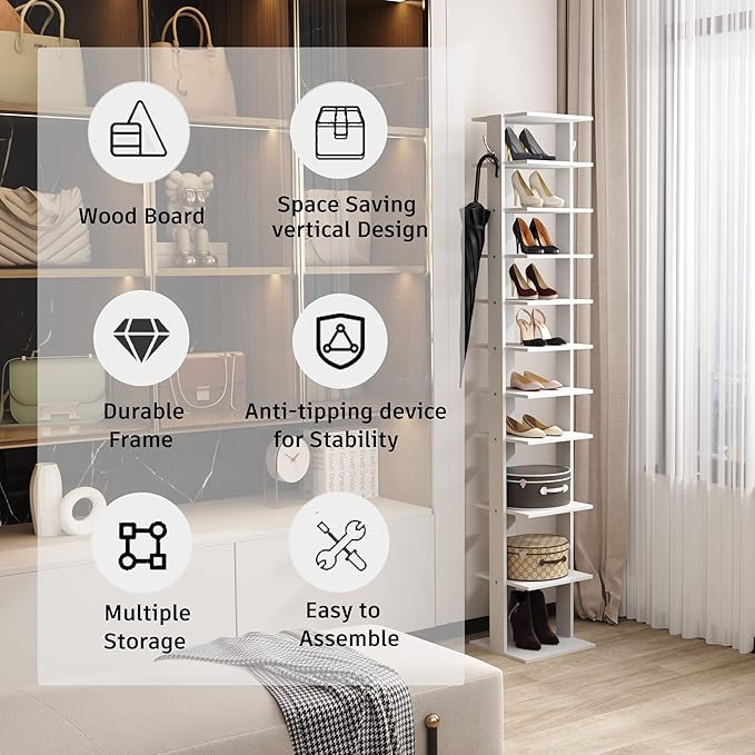 HOMEFORT 10-Tier Vertical Shoe Rack, Corner Shoe Tower, Slim Shoe Organizer with Two Hanging Hooks, Wooden Shoe Storage Stand for Entryway, Hallway, Closet (White)