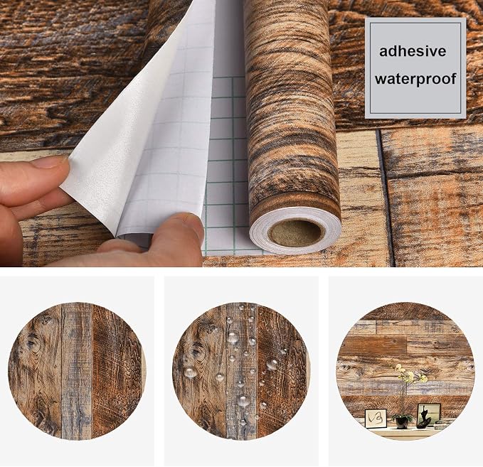 WENMER 17.71" x 394" Brown Wood Peel and Stick Wallpaper Shiplap Self Adhesive