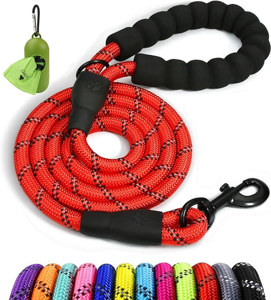 Taglory Rope Dog Leash 5 FT with Comfortable Padded Handle, Highly Reflective Threads Leash and Anti-Tangle Clip for Walking Medium Large Dogs, 1/2 inch, Red