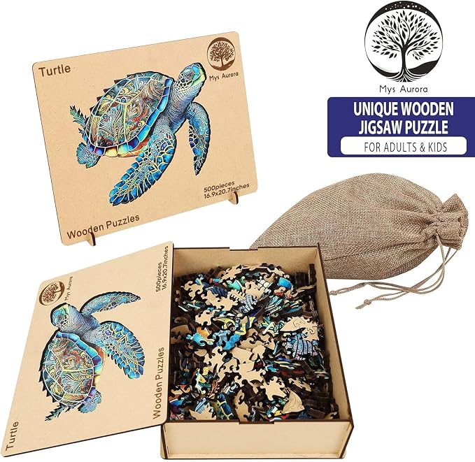 Mys Aurora FSC Certified Sea Turtle Wooden Puzzles 500 Pieces | 5MM Unique Shaped Wooden Puzzle for Adults and Kids, Family Game 16.9 x 20.7 Inch