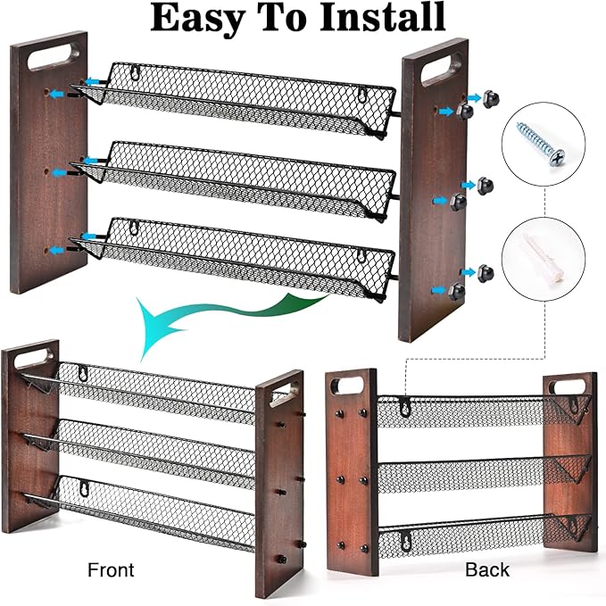Spice Rack, Spice Rack Organizer without Seasoning Jars, Wooden Rustic 3 Tier Kitchen Spice Organizer Shelf for Cabinet, Countertop or Wall Mount