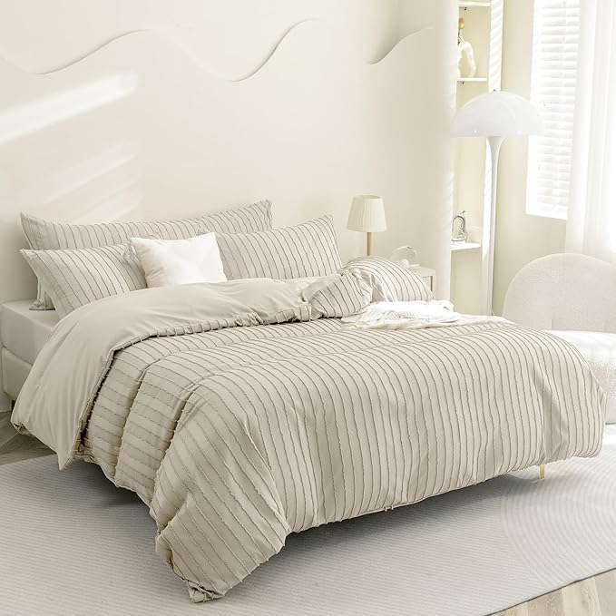 JELLYMONI Duvet Cover Oversized King Size Light Khaki - 3PCS Boho Striped Duvet Cover Set Polyester Tufted Bohemian Textured Comforter Cover 120×98in with Corner Ties & Zipper and 2 Pillowcases