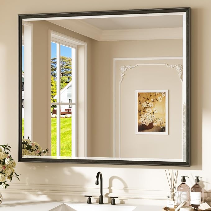 Keonjinn 42" x 36" Black Bathroom Vanity Mirror, Brushed Black Metal Framed