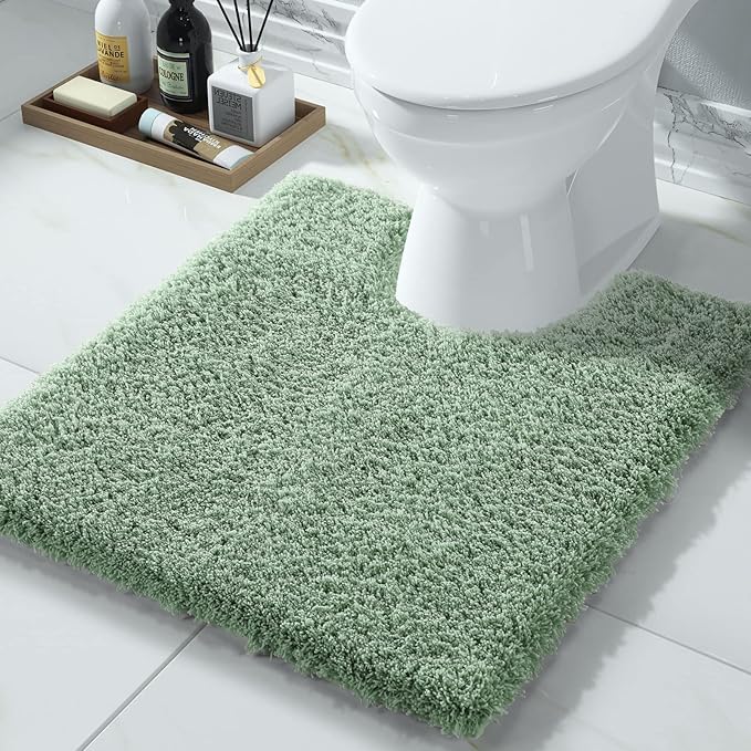 Yimobra U Shaped Toilet Bath Rug, Fluffy Plush, Super Shaggy Soft Non Slip, Water Absorbent Microfiber Bath Mat, Dries Quickly, Machine Washable Thick Bathroom Rugs, 20"x 24", Pure Light Green
