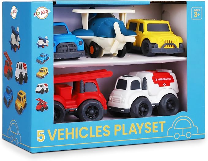 5 Pack Toddler Car Toys Playset - Toy Cars, Including Airplane, Fire Truck, Ambulance, Pick Up Truck and Jeep, Ideal Car Set Gift for Ages 3-5 (Colors May Vary)