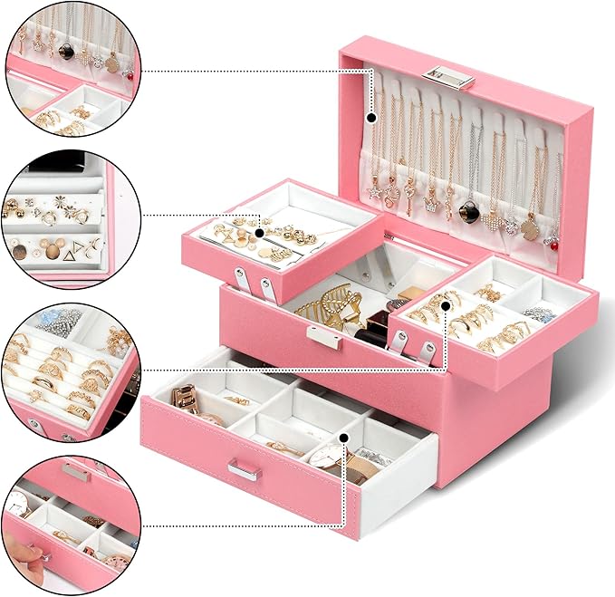 Dajasan Jewelry Box for Girls Women, PU Leather Jewelry Organizer Box, 3 Layers Jewelry Gift Box for Christmas, Valentine's Day, Birthday, Mother's Day (Pink)