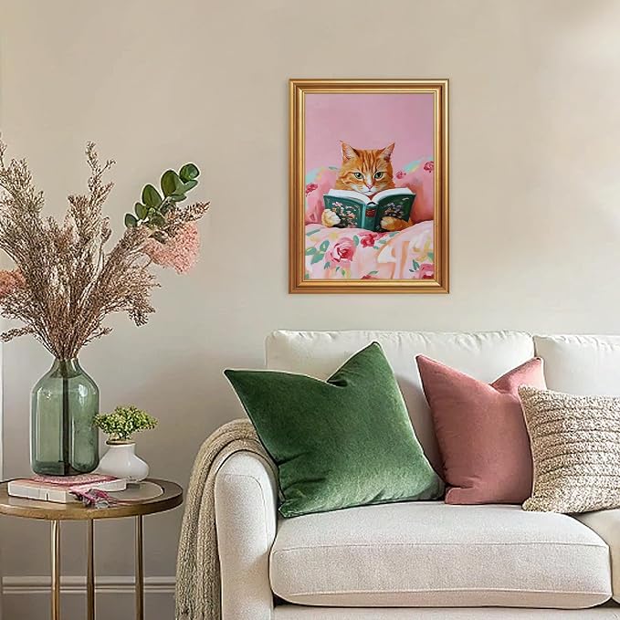 Fantasy Artists Gold Framed Wall Art Prints, Cute Orange Cat Reading a Green