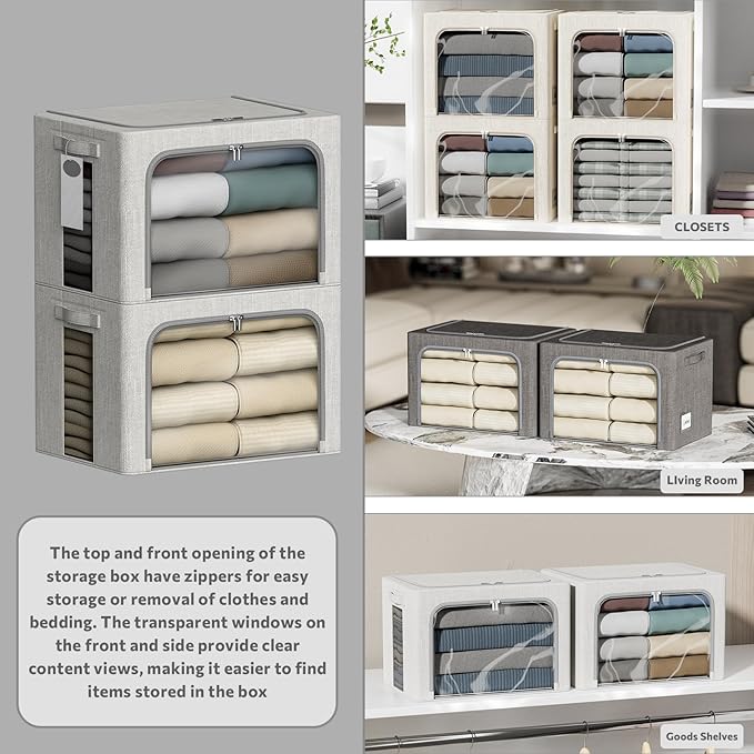 4 Pack Clothes Storage Bins with Metal Frame - 66L Stackable Storage Box with Lid，Foldable Storage Container Organizer for Clothes，Linen Fabric Storage Box with Clear Window＆Zippers＆Handles