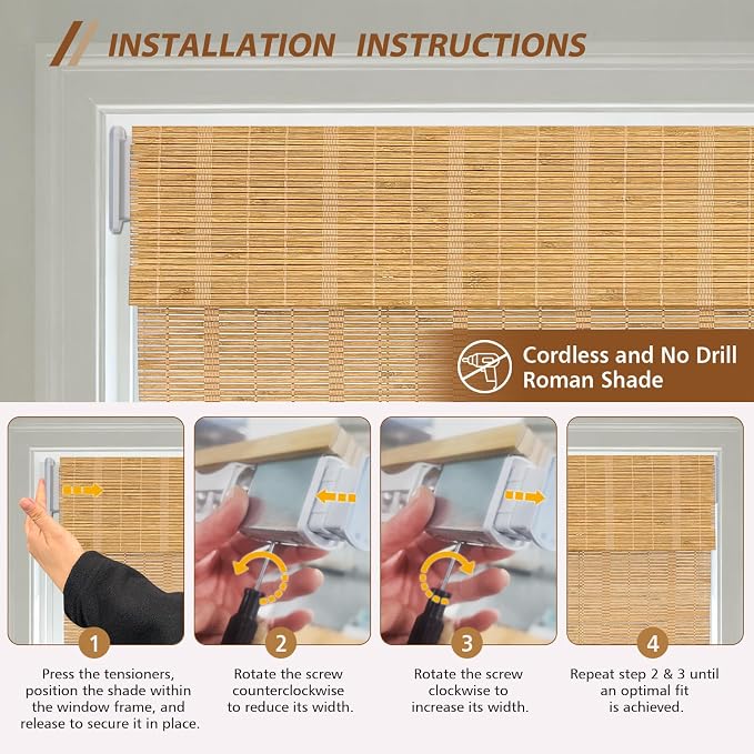 Letau No Drill No Tools Cordless Wood Window Shades Blinds, Bamboo Light