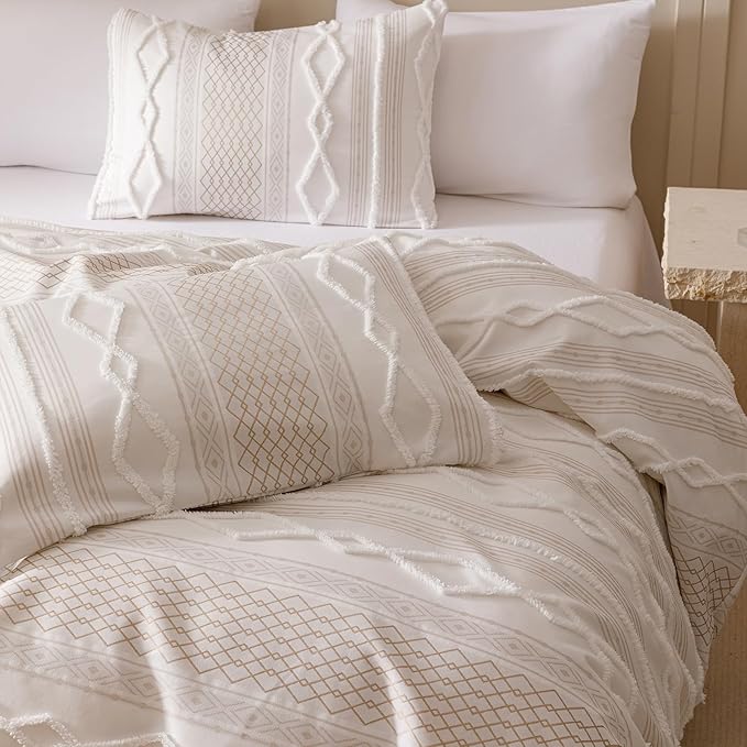 KAREVER Ivory Boho Comforter Set King Mixed Textures Jacquard Bedding Set Durable Chic and Stylish Bedroom Set