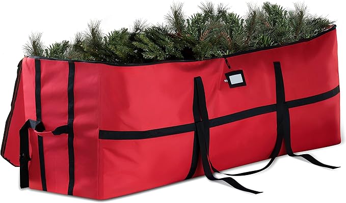ZOBER Wide Christmas Tree Storage Bag - Maximum Accessibility - Fits 9 Ft Trees - 600D Oxford Fabric Christmas Tree Bag For Storage Box For Xmas - Strong, Durable Straps & Handles - Card Slot - Red