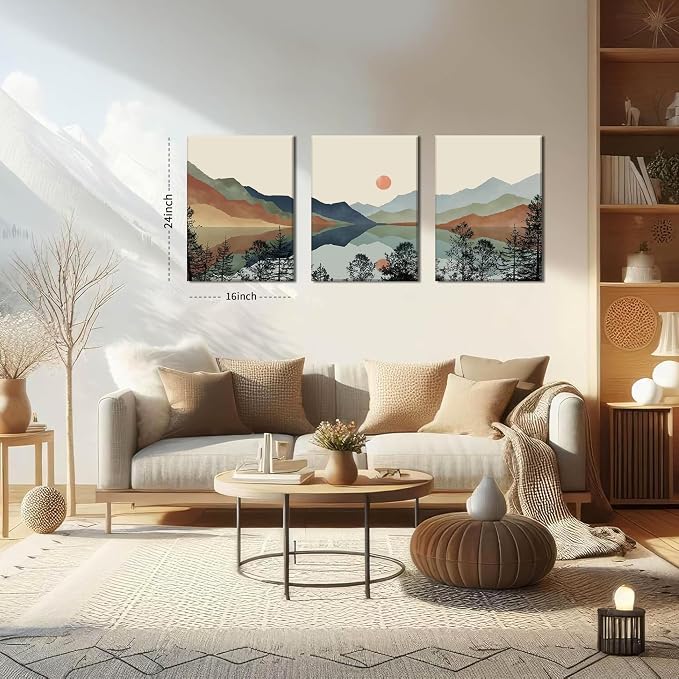 AKWISH Framed Mountain Canvas Wall Art Set of 3, Boho Watercolor Poster Prints