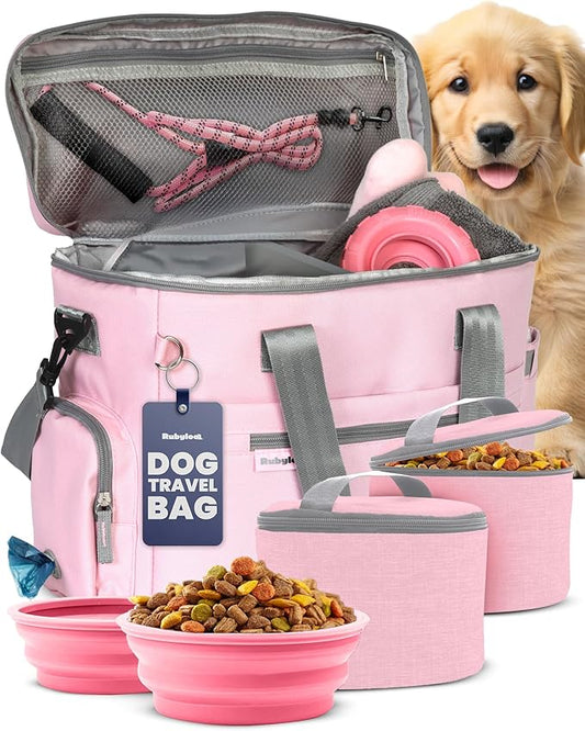 The Original Doggy Bag™ - Complete Dog Travel Bag for Supplies with 2 BPA-Free Travel Bowls & 2 Pet Food Containers - A Dog Mom Gift for Day Trips, Camping, Road Trips & Weekends Away: Lt. Pink