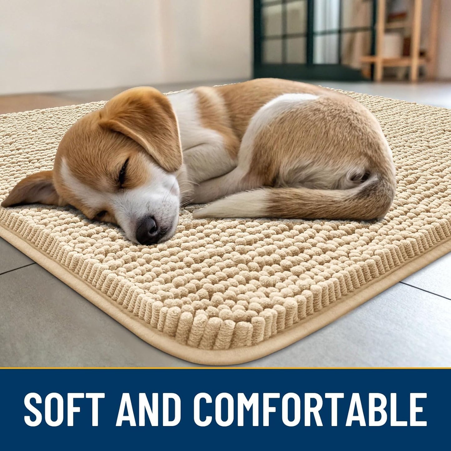 Smiry Dog Door Mat for Muddy Paws 40x32, Absorbs Moisture and Dirt Doormat, Non-Slip Washable Quick Dry Chenille Front Door Mat Indoor Entrance, Entryway Carpet for Inside Floor, Beige