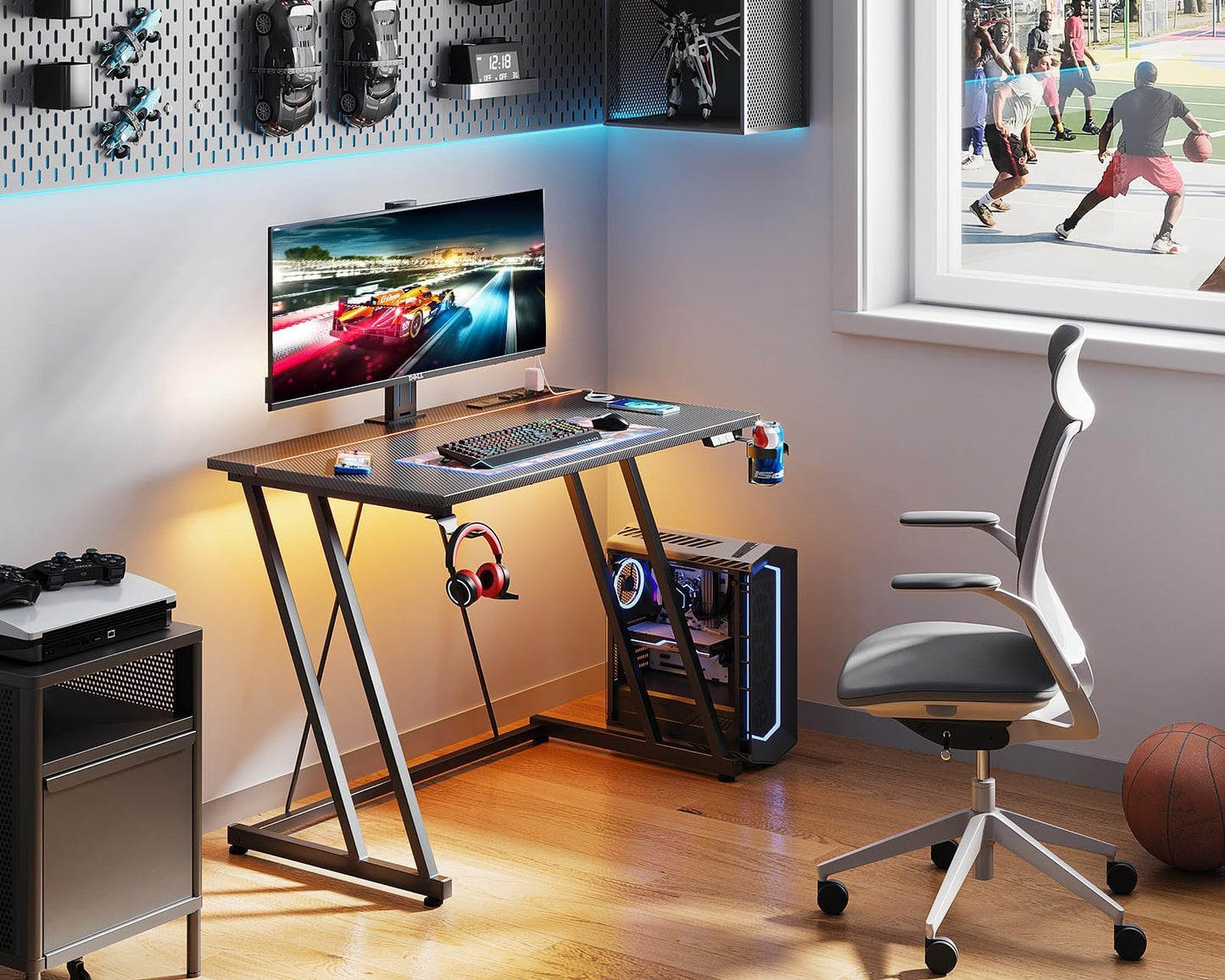 MOTPK 32 Inch Small Gaming Desk with LED Lights & Power Outlet, Computer Desk for Small Space, Gaming Table with Carbon Fiber Texture, Kids Desk Gift for Boys Men, Black