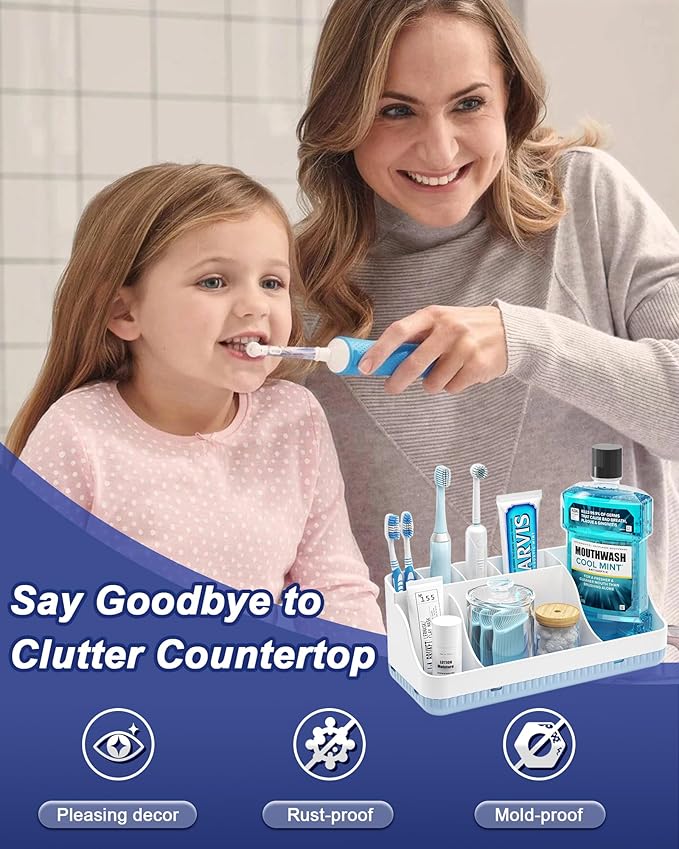 Bathroom Counter Organizer and Storage, 7 Slots Detachable Toothbrush Holders for Bathrooms, Anti-Slip Electric Toothbrush and Toothpaste Holder Countertop Vanity Organizer Accessories for Adults Kids