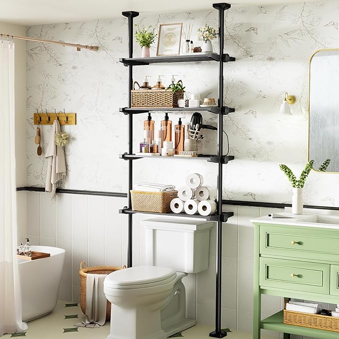 Bonpally Over The Toilet Storage Shelf, 4-Tier Adjustable Bathroom Organizer, No Drill Tension Mounted Shelves, Space-Saving Bathroom Cabinet Rack Above Toilet for Small Rooms, Black