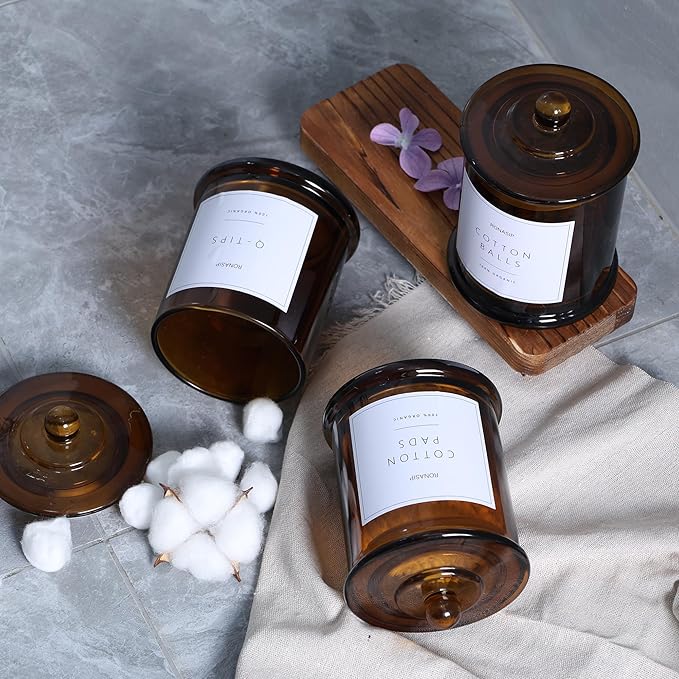 3 Pack Qtip Holder Dispenser, 16oz Bathroom Organizer and Storage Canisters, Glass Apothecary Jars with Lid - Home Decor, Room Decor Aesthetic (Amber)