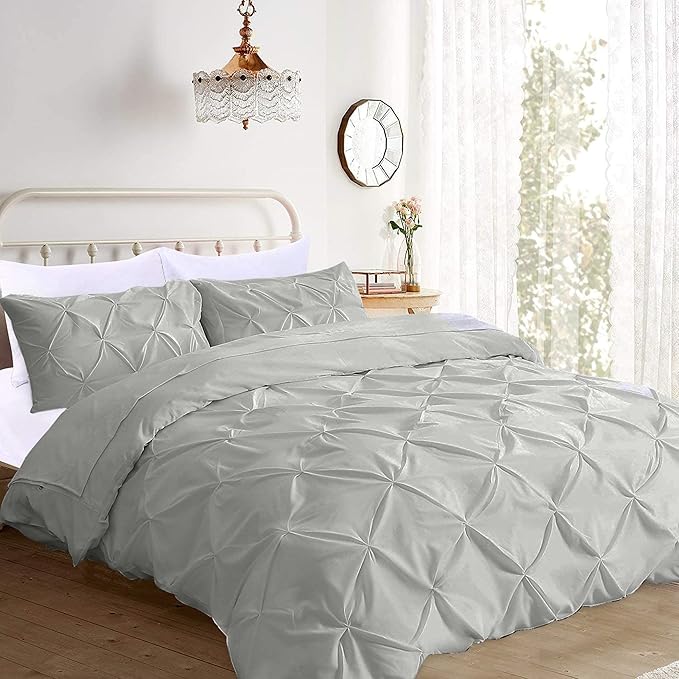 Pinch Pleated Duvet Cover Set 100% Cotton 3PC Super King Size 98x108 Duvet Cover Set, Decorative Pinch Design Silver Grey Duvet Cover with Matching Pillow Case