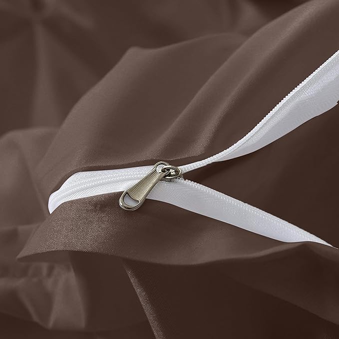 Pinch Pleated Duvet Cover Set 100% Cotton 3PC Super King Plus Size 120x120 Duvet Cover Set, Decorative Pinch Design Brown Duvet Cover with Matching Pillow Case