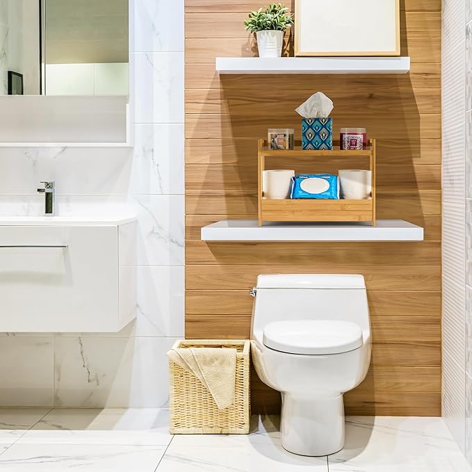 Sorbus Bamboo Bathroom Counter Organizer – 2-Tier Shelf with Hidden Drawer for Vanity, Matcha Station, Bathroom Sink Organizer Countertop, Kitchen & Office Storage (17″ L x 6.5″ W x 12.6″ H)