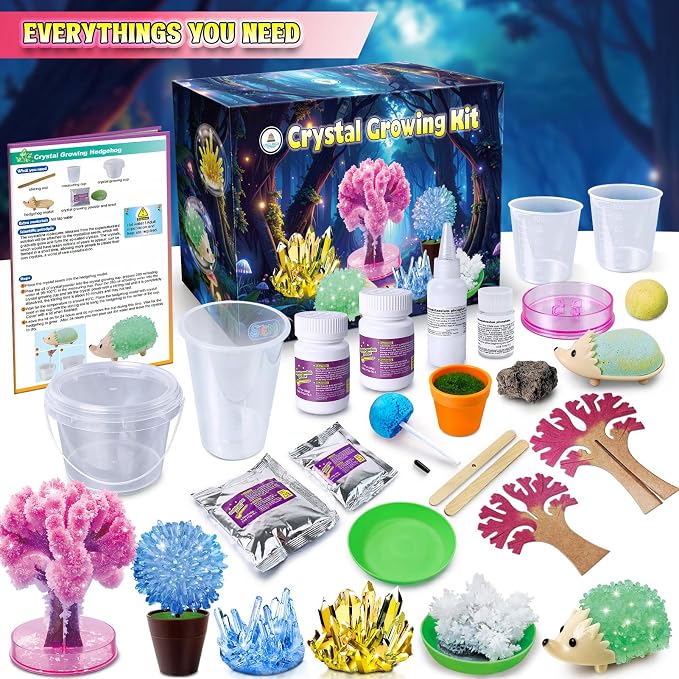 UNGLINGA Crystal Growing Kit for Kids, Grow 6 Vibrant Crystals Making Kit | Chemistry Experiments, Science, S.T.E.M Toys, Gifts Idea for Boys Girls, Crystal-Growing Tree, Hedgehog Crystal