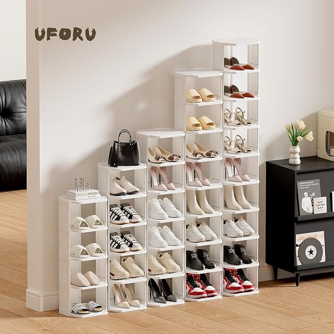 UFORU Vertical Shoe Rack, 6 Tiers Stackable Shoe Rack for Closet, Tall Standing Shoe Organizer, Small Shoe Shelf for Narrow Places Durable Plastic Construction (White)