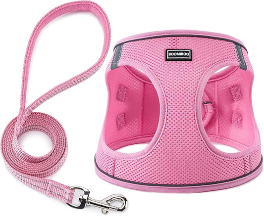 BOOMIBOO Dog Harness with Leash Set, No Pull Adjustable Reflective Step-in Puppy Pet Vest Harnesses for Small Medium Large Dogs and Cats,Pink L