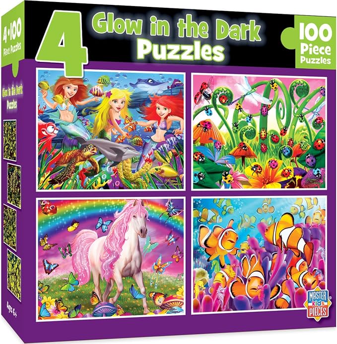 MasterPieces – Jigsaw Puzzle Set for Kids 6+ Years, 4-Pack of 100 Pieces, Educational and Fun Game, Purple Glow in the Dark Collection, Gift Idea for Children, 8" x 10
