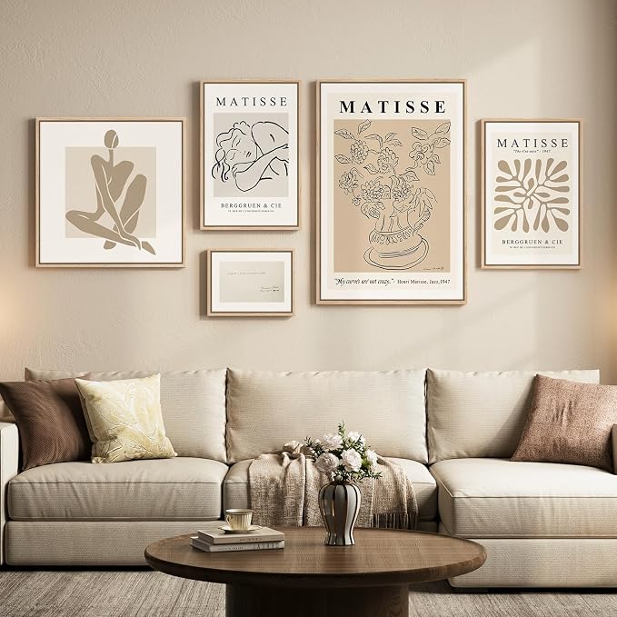 Large Framed Matisse Wall Art Set of 5, Neutral Beige Abstract Geometric