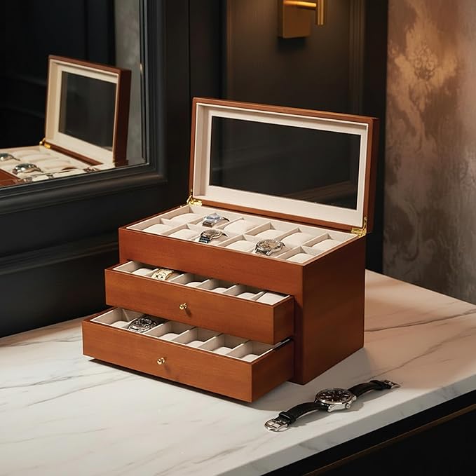 Bey-Berk Duke Cherry Wood Watch Box – 36 Slot Organizer with Glass Top, 2 Drawers & Velour Lining for Storage