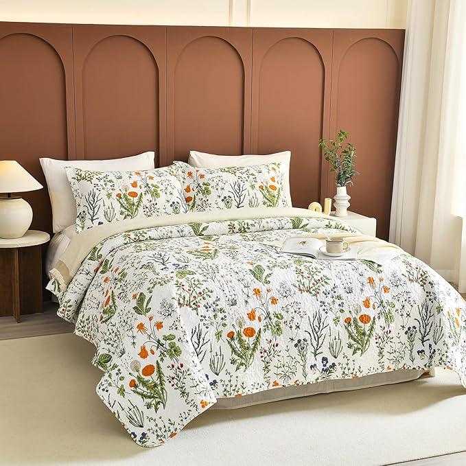 Lady Ann 100% Cotton Floral Quilt Sets Queen - Yellow Flowers & Leaves Pattern Plant Botanical Printed Quilted Bedding, 3 Pcs Lightweight Extra Soft Queen Bedspread Coverlet Set for All Season
