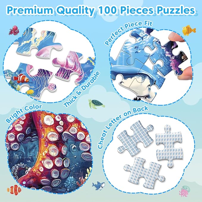 4 Pack 100 Piece Puzzles for Kids Ages 4-8 | Large Piece Kids Puzzles Ages 4-10, Ocean Theme Jigsaw Puzzle Toy, Educational Family Learning Gift for Boys Girls