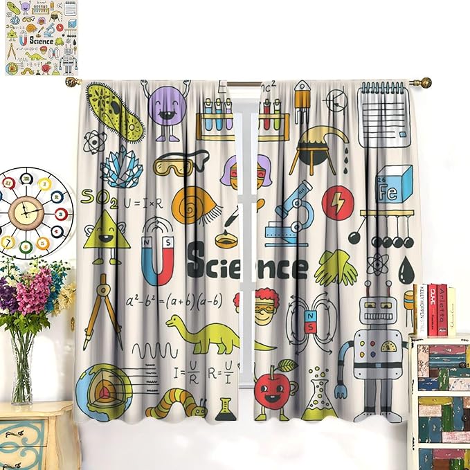 Cartoon Science Bedroom Curtains, Chemistry Science Pharmacy Research Blackout Rod Pocket Window Drapes for Childs Girls Boys Bedroom Living Room Home Set 2 Panels,42x45 Inches