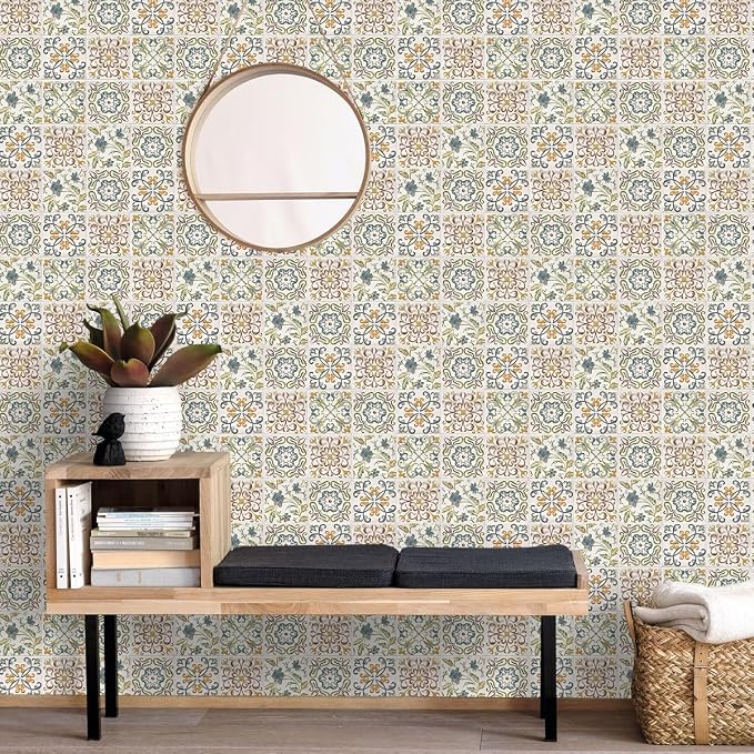 Wudnaye Bohemian Wallpaper Peel and Stick Faux Tile Contact Paper 17”×118” Tile