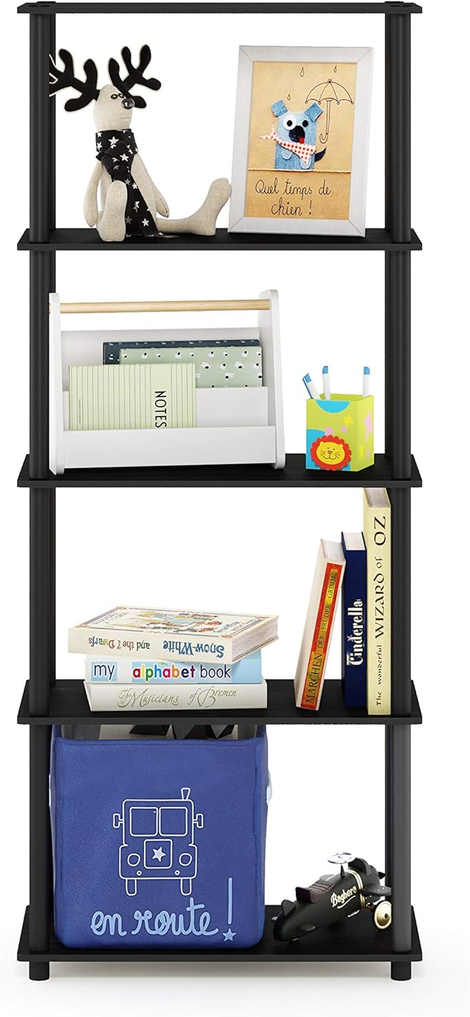 Furinno TURN-N-TUBE Storage Shelves, 5-Tier Book Shelf, Corner Shelf, Toolless Open Shelves, for Organization and Storage, Living Room, Garage, Home Office, Americano