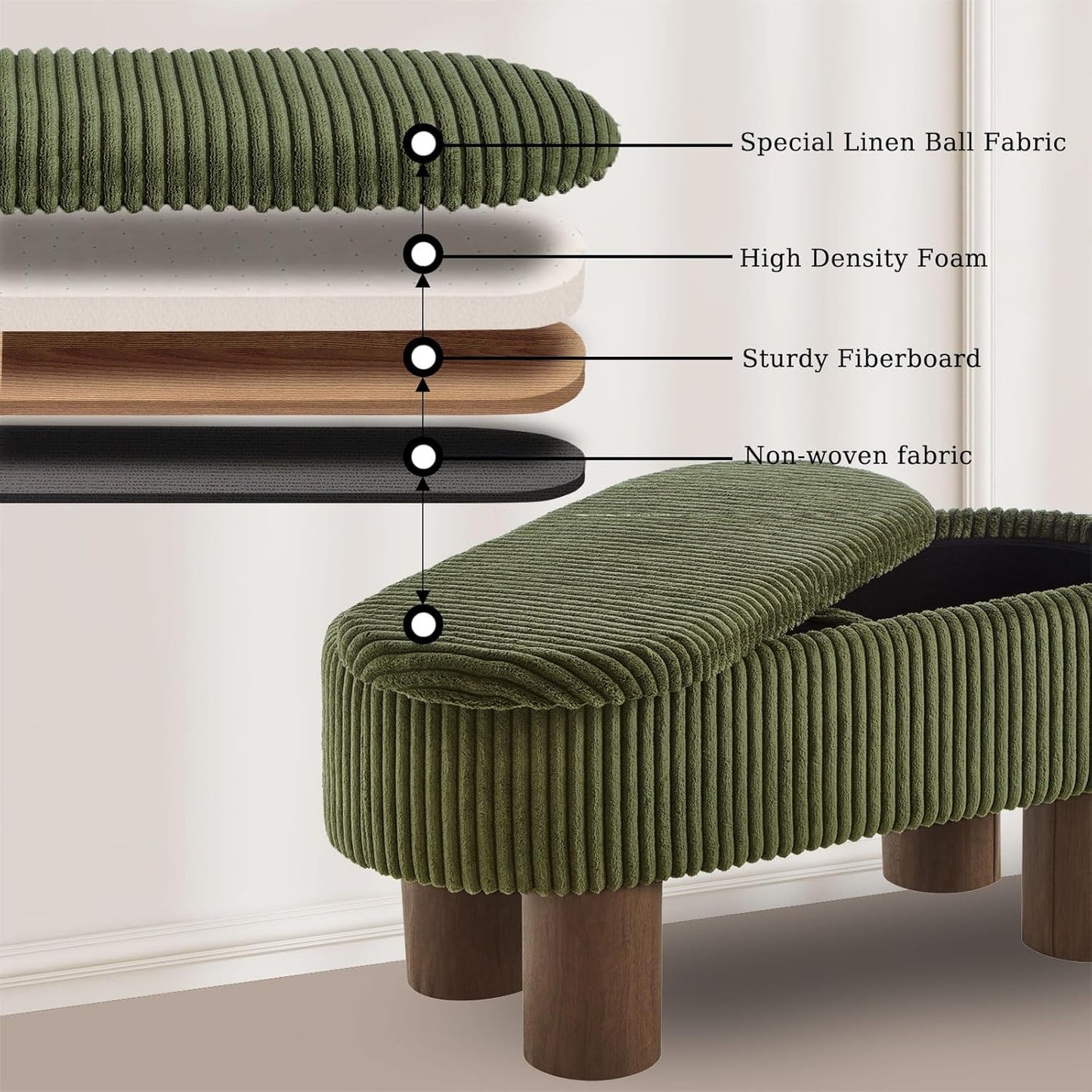 Bench with Storage 43 inch, Upholstered Corduroy Farbic Green Oval Footrest with Hidden Storage, Stool Modern Design Legs for Bedroom, Living Room, and Entryway Furniture Ottoman