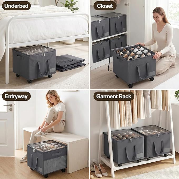 2 Pack Large Shoe Organizer for Closet, Adjustable Dividers Shoe Storage Box Bins with Wheels Clear Cover Reinforced Handle Side Pocket Fits up to 32 Pairs, Foldable Shoe Organizer for Entryway Grey
