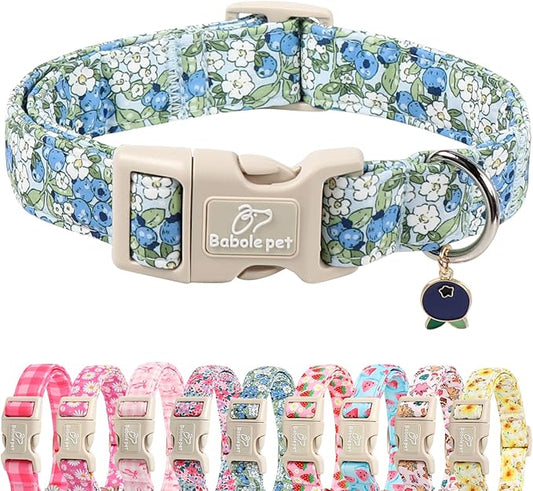 Blueberry Pattern Dog Collar, Cute Light Blue Spring Summer Puppy Collar - Soft Adjustable Designer Dog Collars for Small Medium Large Dogs XS