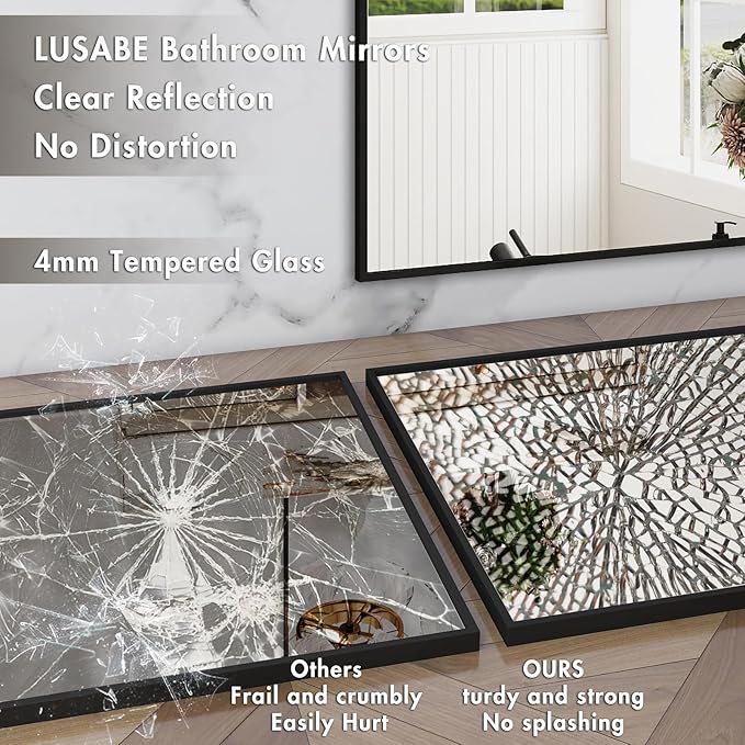 Matte Black Framed Bathroom Mirror, 60x28 Inch Rectangular Vanity Mirror, Large Rectangle Wall Mirror, Anti-Rust, Tempered Glass, Shatter-Proof, Easy to Install Vertically or Horizontally