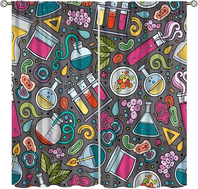 Science Physics Curtains, Abstract Math Chemistry Curtain Scientist Graffiti Print Window Treatments for Kids Teens Bedroom Living Room Set 2 Panels,72x63 Inches