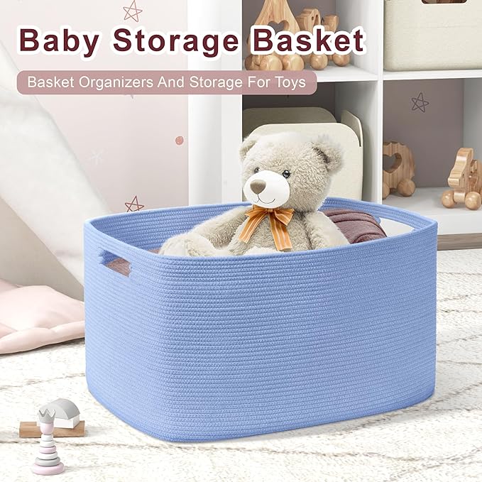 45L Small Baby Girls Laundry Basket for Nursery Storage,Cute Woven cotton Rope Baskets for Kids Toy，Gifts, Boho Square Wicker Blanket hamper for Living Room,Bedroom Dirty Clothes,Blue Purple