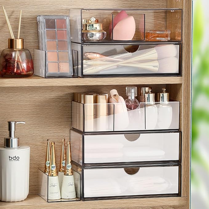 Hair Accessories Organizer for Girls, Clear Acrylic Hair Tie Organizer, or Headband, bows，Cute Small Stackable Storage Drawer Container Caddy Box for Bathroom Vanity Countertop 6PCS