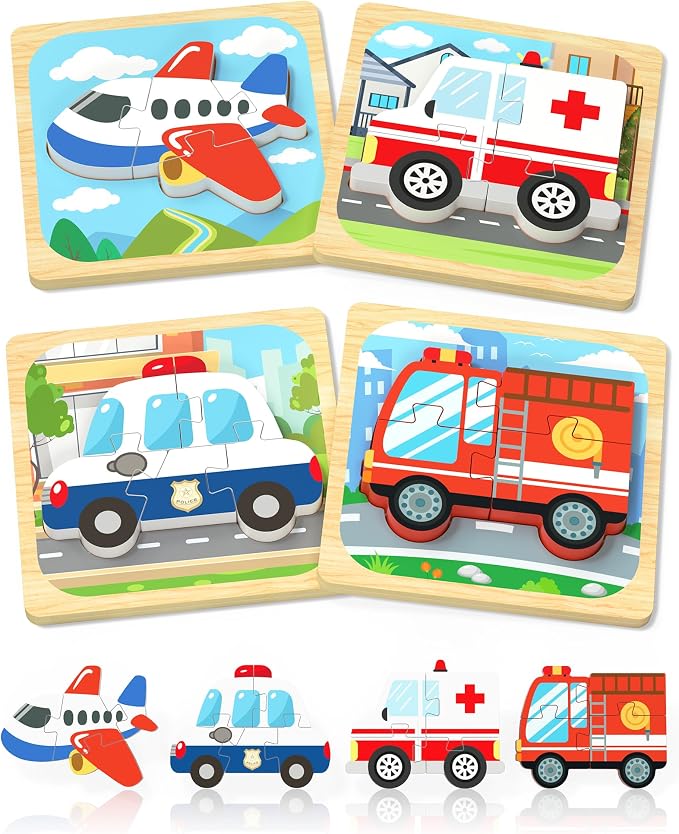 Benresive Wooden Toddler Puzzles, Toddler Toys, 1 2 Year Old Boy Girl Gift | 4 Pack Vehicle Montessori Toys for 1 2 Year Old, Preschool Educational Learning Toy, Great Birthday Gifts for Boys Girls