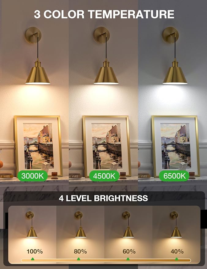NIORSUN Brushed Gold Battery Operated Wall Sconce Set of 2, 5200mAh Dimmable