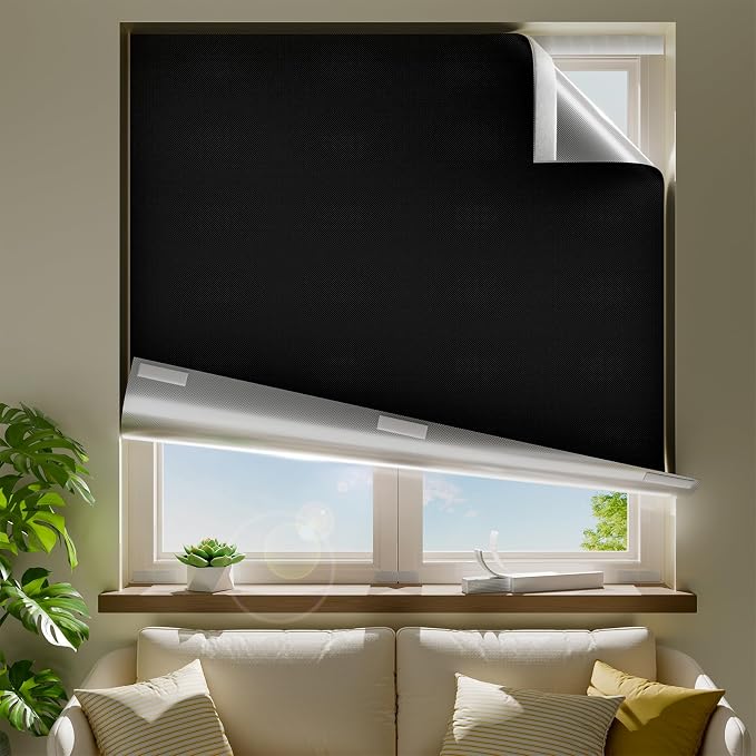48" W x 54" L 100% Blackout Curtains, Total Darkness No-Drill Black Out Window
