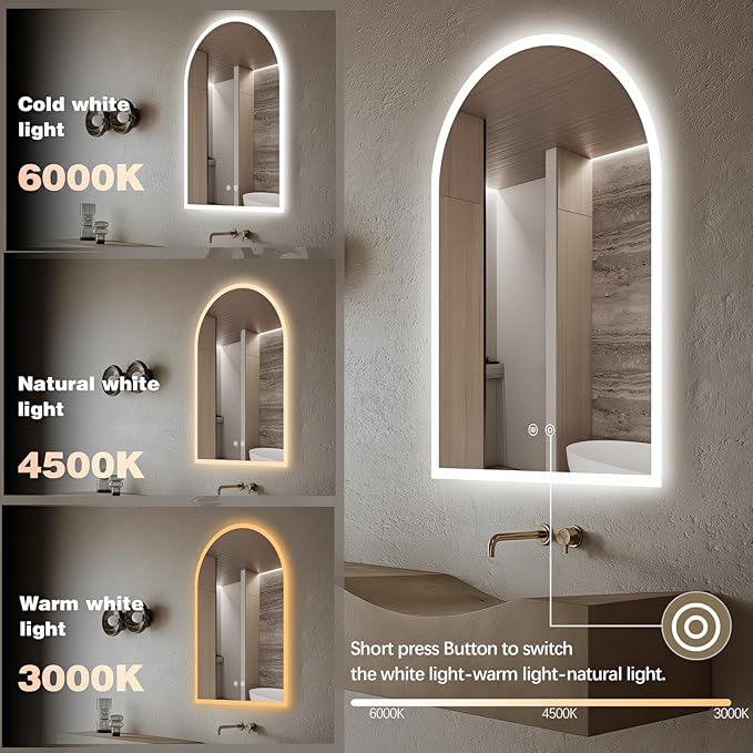 Niccy Arched LED Bathroom Mirror, 36"x24" Arch Frameless Frontlit & Backlit Mirrors for Wall, Arched Lighted Vanity Mirrors with Memory Function for Bathroom Bedroom, Defogger 3 Color, Explosion-Proof